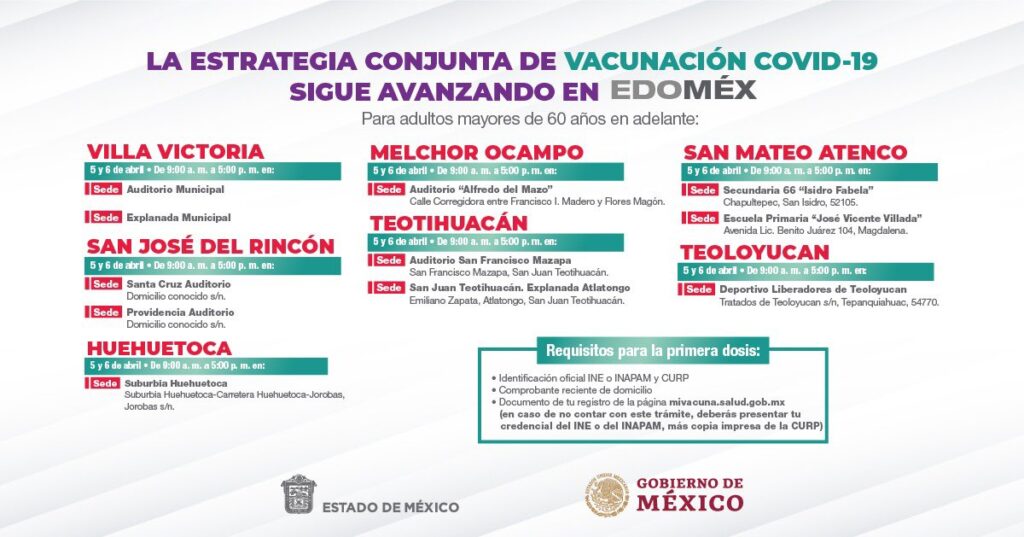 Edomex vacunará a personas de 50 a 59 años y embarazadas en estos municipios