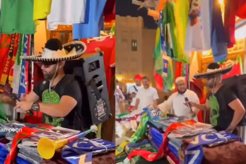 ¡Llévele, llévele! Aficionado mexicano imita al vendedor de cobijas en Qatar