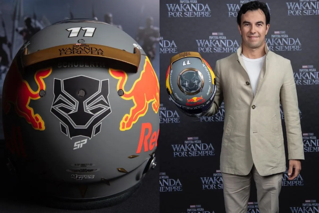 Checo Pérez presume casco para el GP de Brasil inspirado en “Black Panther: Wakanda Forever”